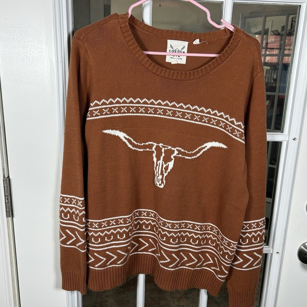 Cotton & Rye Western Longhorn Sweater Terracotta Aztec Trim Knit Size Large
